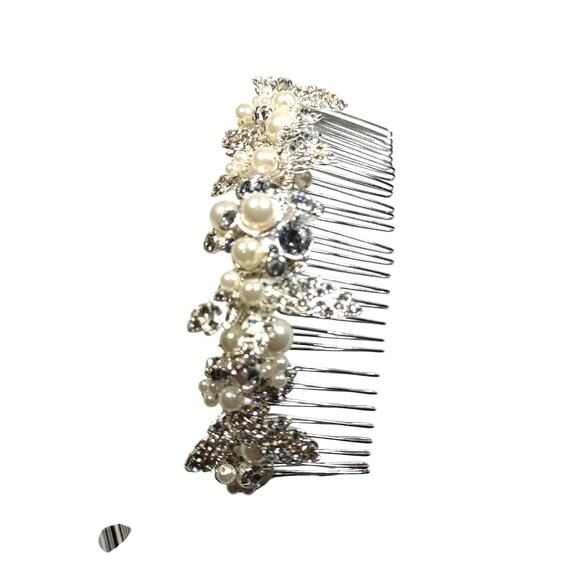 Hair Comb Silver Tone Faux Pearl Beads Rhinestone Floral... - Picture 3 of 8